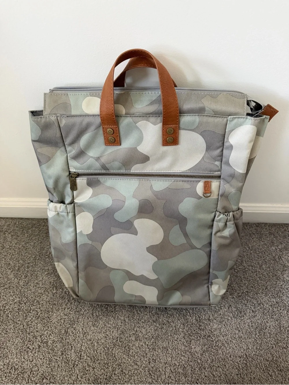 Thirty One Grey Camouflage Tote Backpack with Brown Leather Handles